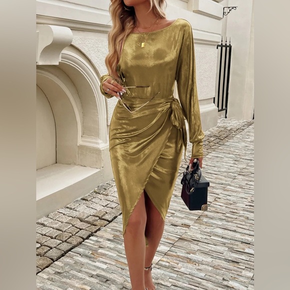 Dresses & Skirts - Tied Boat Neck Long Sleeve Dress gold